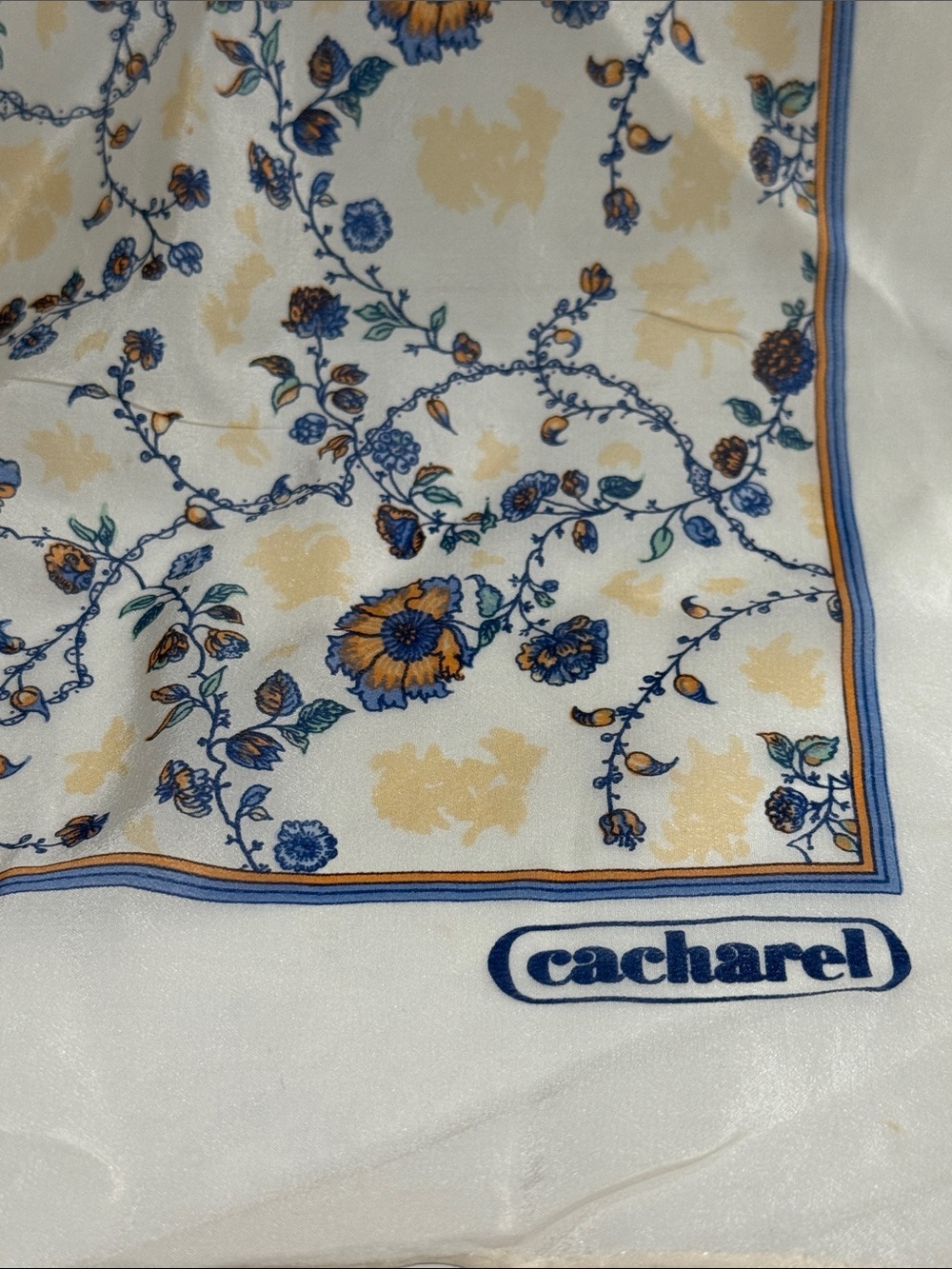 Cacharel Vintage 1970’s Cream Blue Peach Floral Sheer Silk Blend Scarf 🧣
